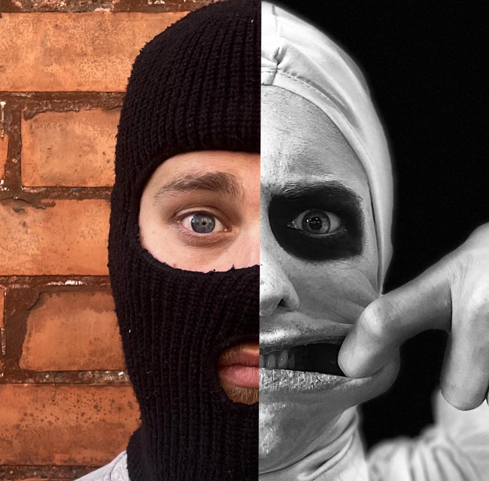 Image shows two photographs of faces on a brick wall.