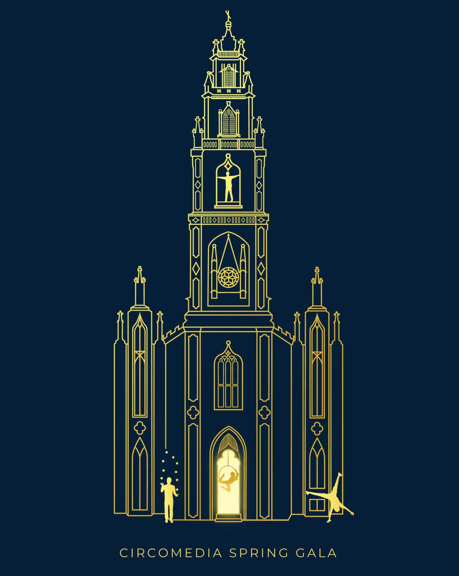 A gold silhouette of St Paul's Church Bristol with circus performers doing tricks outside